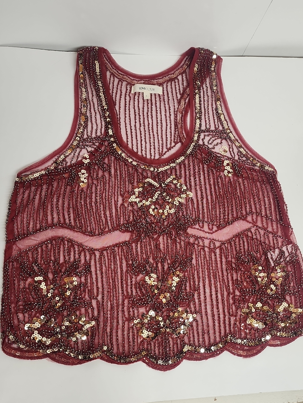 LOVECULTURE Size S Burgundy Sequin Stunning Beautiful Mesh Racerback Camisole